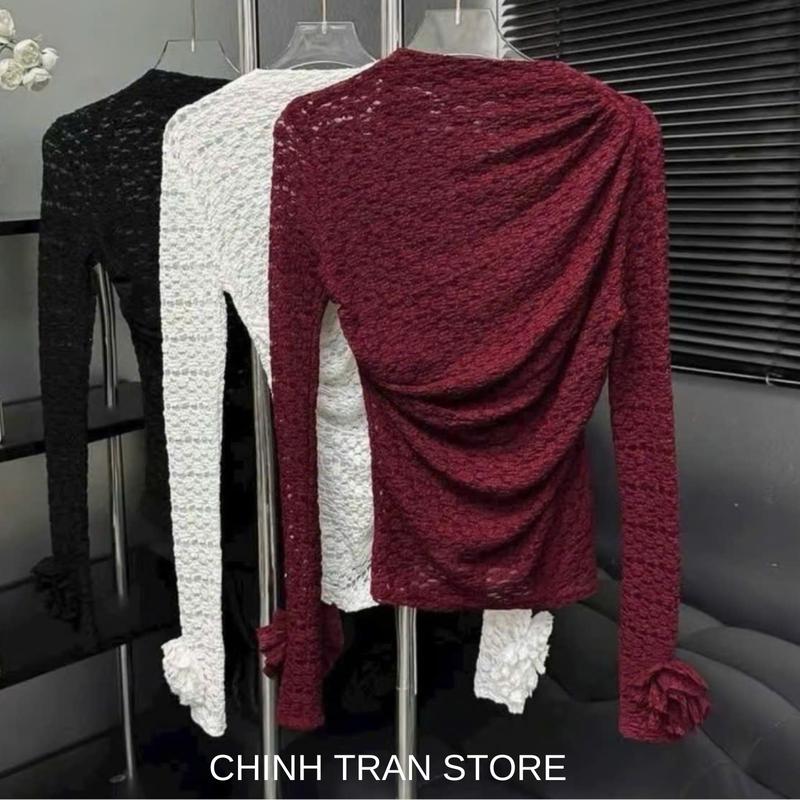 ( CÓ LÓT) Áo Ren Nữ Hoa Nổi tay Dài Co Giãn Nhún Eo Đính Bông Nữ Tính