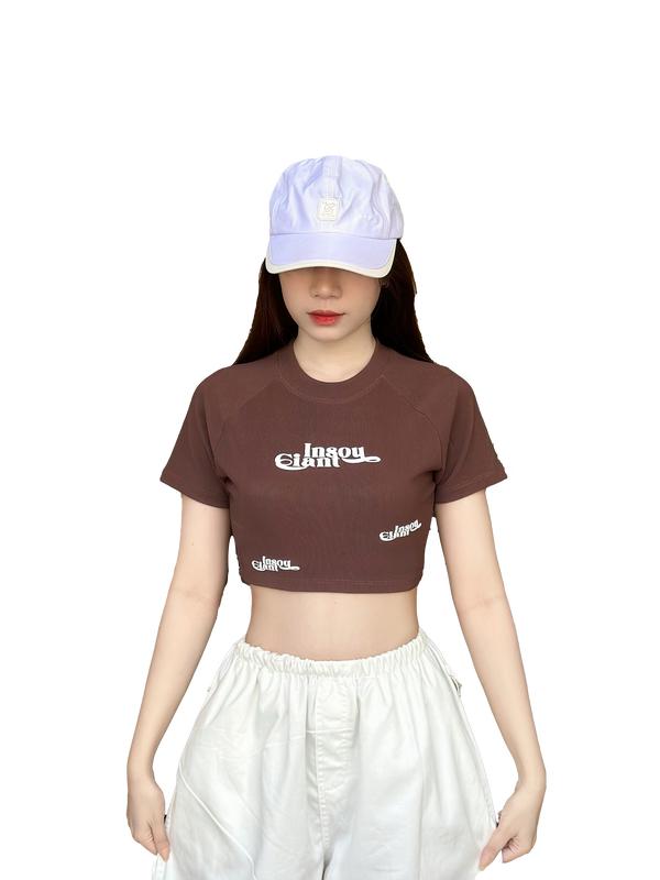 Áo Croptop Thun Tăm IN Lụa Nổi Tay Ngắn Cổ Tròn 5 Màu Đen Bee Xám Xanh Đen Nâu Đất Nữ Women Voi Navy Sen