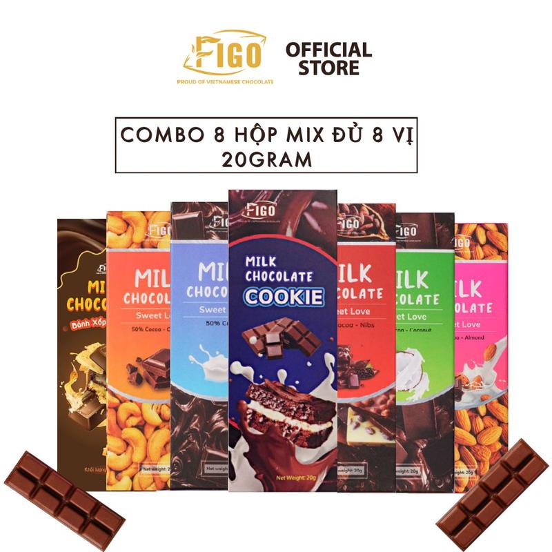 Combo 8 Hộp 20gr | 50gr Milk Chocolate đủ vị FIGO, Kẹo Socola sữa 50% Cacao nhân Hạt điều, Hạnh nhân, Nho,.. giòn thơm,tan ngay trong miệng, chất lượng Food Ăn Vặt Thức Ăn Sô Cô La