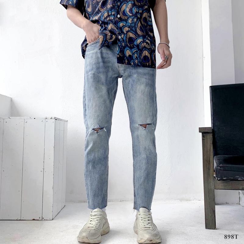 Quần jean nam màu xanh trơn rách gối dáng ôm chất vải cao cấp co giãn siêu cá tính