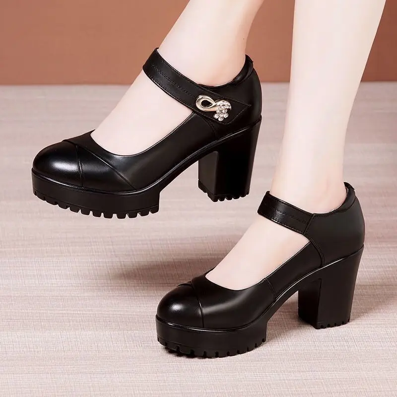 Size 35-41 Women's Fashion Black Leather Shoes Thick Sole Sandal Thick Heels Velcro High Heels Girl Footwear Stylish Heeled