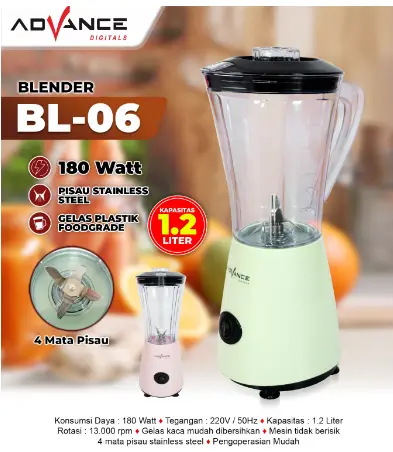 Advance Blender(Mesin Pelumat) Gelas Plastik 180W 1.2L Food chopper juicer Dan Mixer Kecepatan Variabel bl-06 0