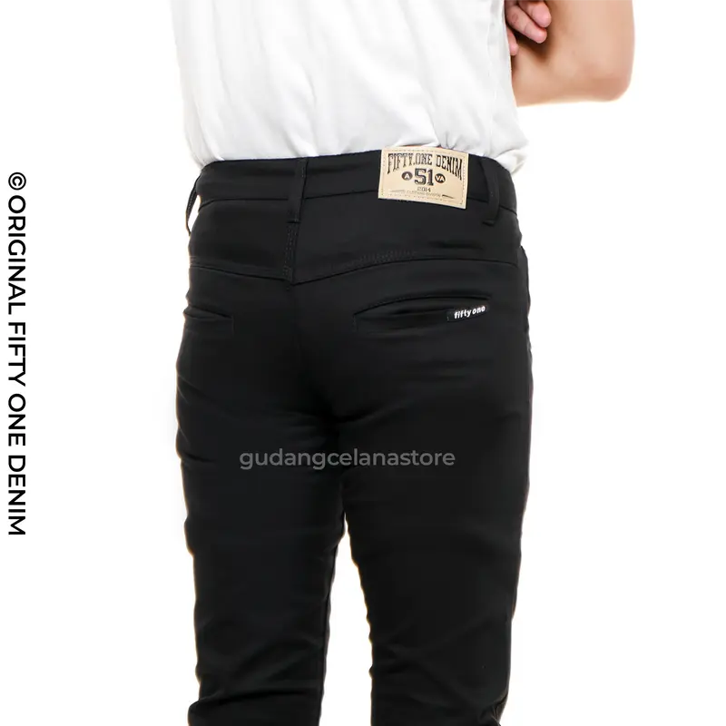 FIFTY ONE DENIM - Celana Chino Pria Panjang Slim Fit Katun Twill Stretch Melar Hitam Pekat Premium New Original Distro Fifty One Denim Nyaman Tebal Melar Santai Black Ukuran 28-34 6