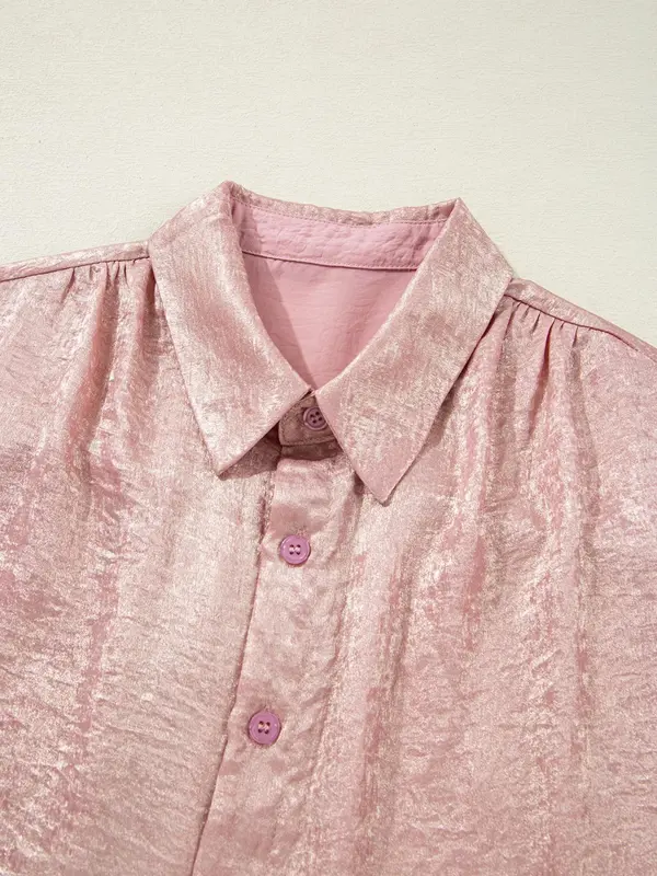 Women's Metallic Button Shirt, Elegant Curved Hem Short Sleeve Top for Spring & Fall, Ladies Clothes for Daily Wear 5