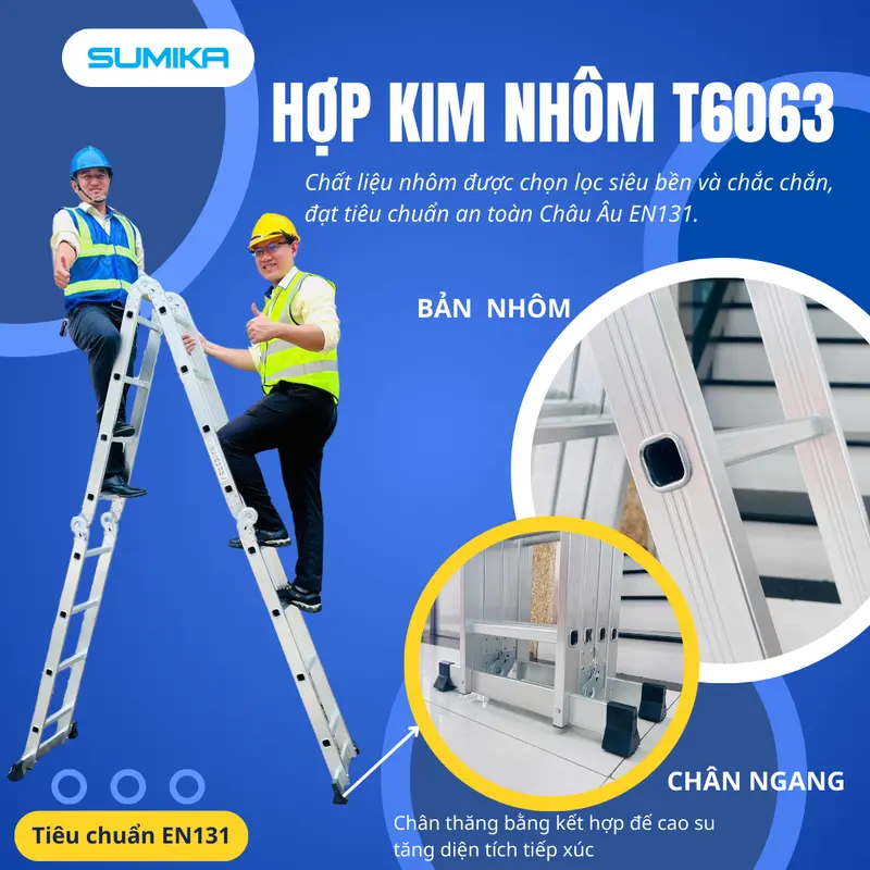 Thang nhôm gấp 4 đoạn SUMIKA SKM203, chữ A cao 1.7m, chữ I cao 3.4m, 14 tư thế sử dụng 6