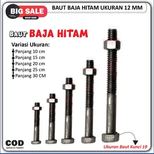 Baut Mur Baja Hitam Ukuran 12 mm diameter 1/2" Kunci 19 Baut Drat Motor Mobil Roda Kontruksi kontraktor Bangunan Murah