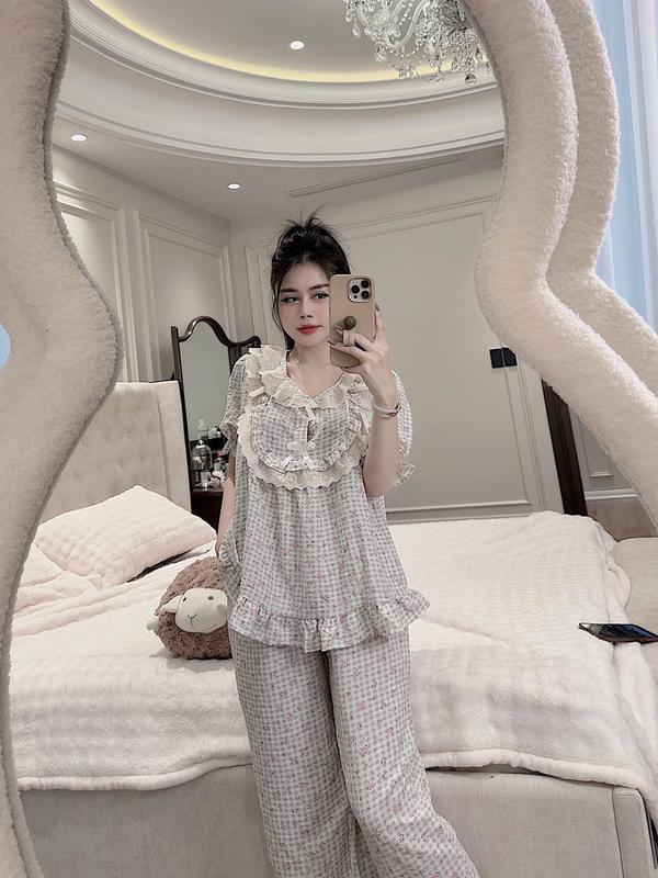 Bộ Ngủ Nữ Chất Vải Đũi Hàn Mềm, Đồ Bộ Tiểu Thư Quần Có Túi Free Size 40-62KG - C01 0