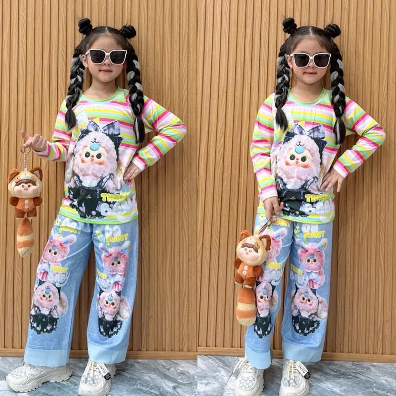 (10kg tới 45kg) Bộ tay dài quần dài bé gái chất thun lạnh in 3D , chất mềm , co dãn thoải mái, bé mặc xinh, bé mặc đi học, đi chơi thoải mái Nữ Women Top Cổ Tròn đồ  vỗ ngủ bộ  dài