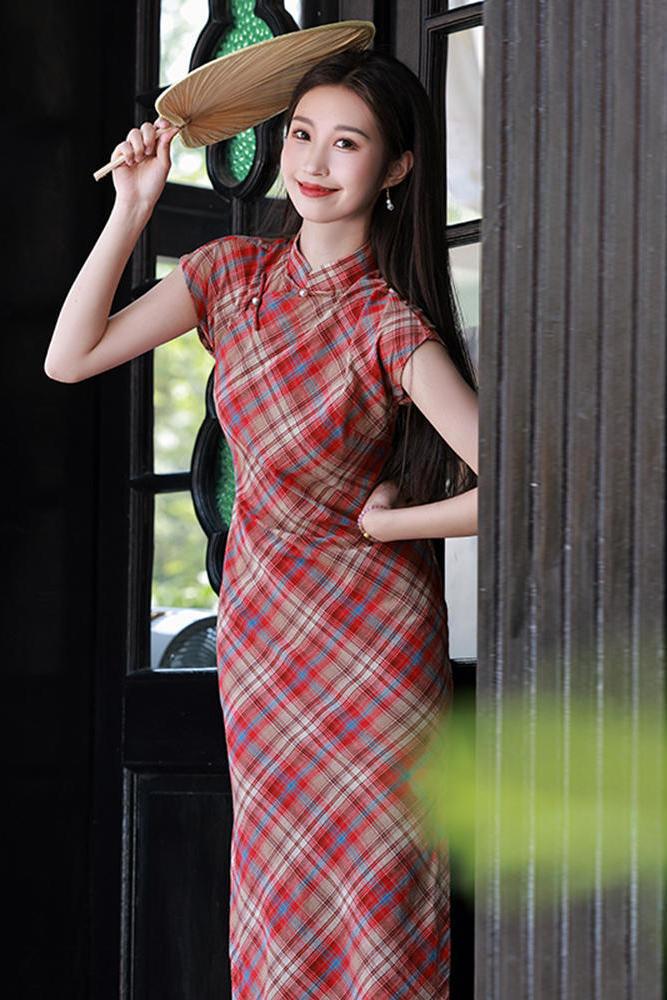 Product Introduction of P71243# Dress For Women Vintage Plaid Cheongsam Summer New Arrival Womens Dresses 3