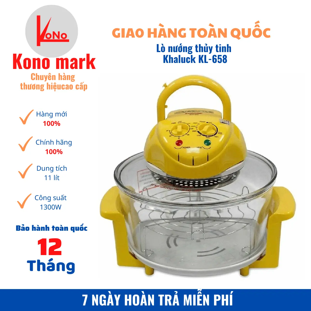 Lò nướng thủy tinh Khaluck KL-658 ,lò nướng đối lưu đa năng 11l , 1300W , bảo hành 12 tháng Nấu Ăn