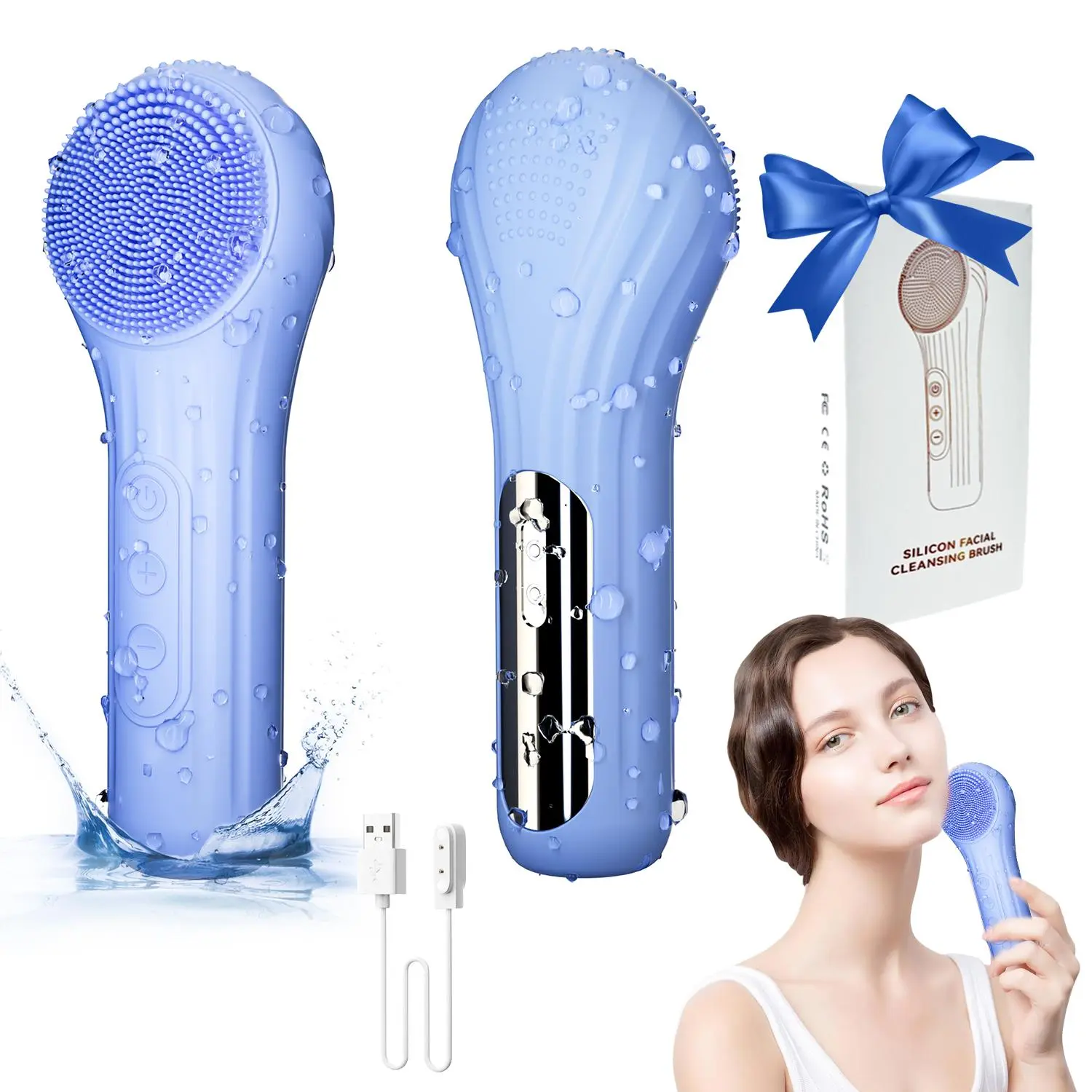 2 in 1 Electric Facial Cleansing Brush, 1 Box Waterproof Facial Vibration Massager, Rechargeable Electric Facial Cleansing Brush for Women