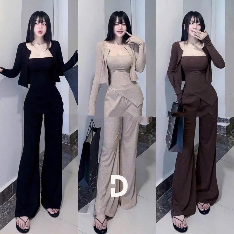 Set 3 Món Áo Cúp Ngực ChanLe Phối Quần Ống Loe Kèm Khoác 3 Màu Siêu Hot Kem Women Nữ Top 0