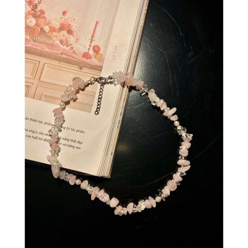 [089-090] Set vòng nữ đá thô màu hồng 3-5mm nữ tính 2