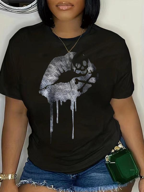 Plus Size Lips Graphic Print Round Neck Tee, Fashion Casual Short Sleeve T-Shirt for Daily Outdoor Wear, Women Plus Clothing for Summer, Women's Summer Clothes 0
