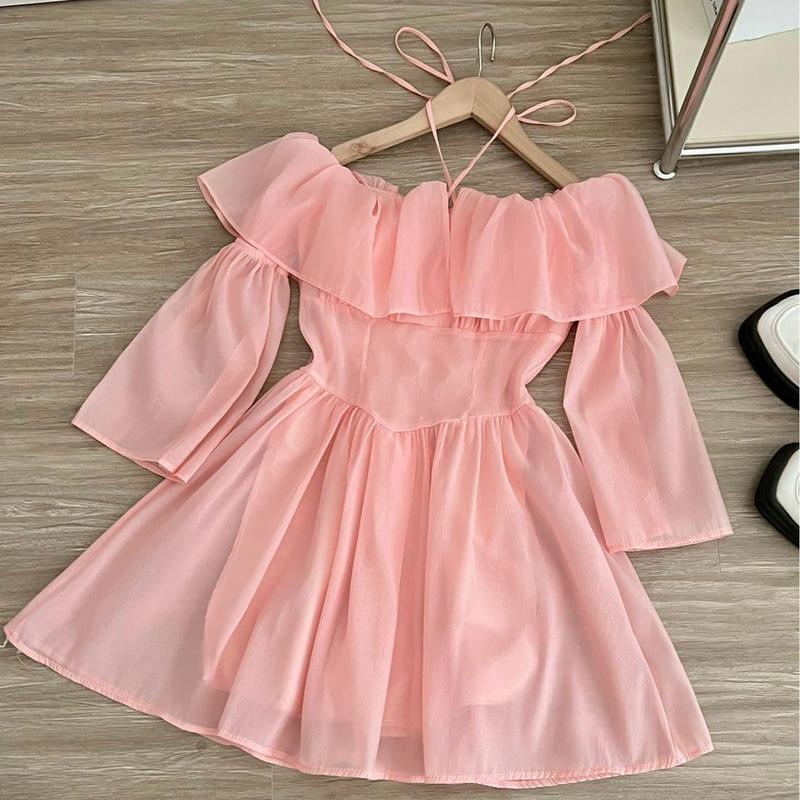 Váy voan tơ trễ vai tay xuông 2 lớp có mút ngực