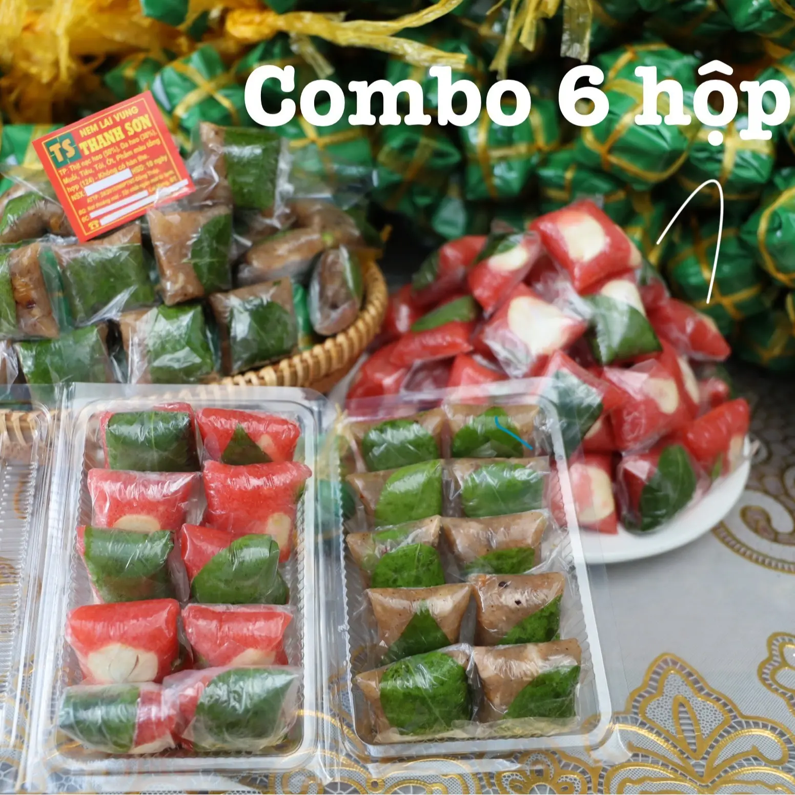 [MÃ BÌ XỊN] - Combo 6 hộp tùy chọn: nem chua đỏ và nem bì thịt (Không ship được Miền Bắc và Trung)- Có tiêu, tỏi, ớt xanh, lá chùm ruột- Nem Lai Vung Thanh Sơn - Sản phảm OCOP- 1 hộp 10 cái (180g)