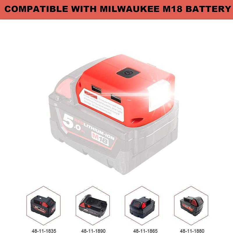 Product Introduction of Battery Adapter for Milwaukee 18V Lithium Ion Battery, Battery Adapter with DC Port & LED Work Light & Dual USB Ports, for Milwaukee 49-24-2371 M18 Power Source 38