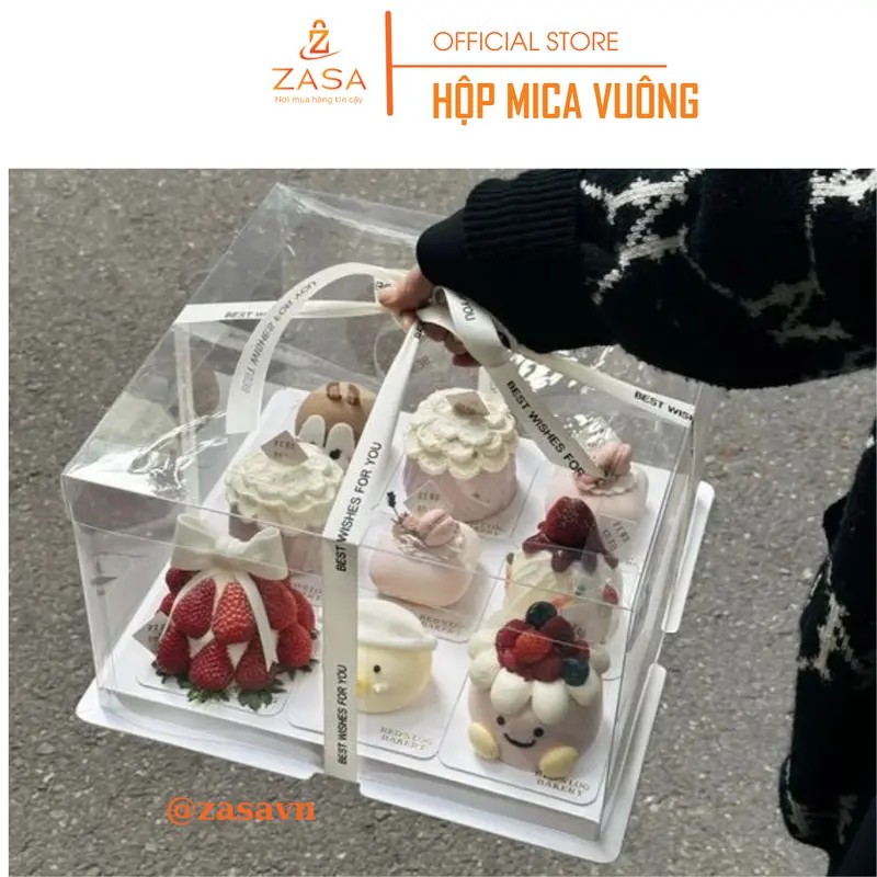 Hộp Mica Vuông Trong Suốt Đa Năng - Hộp Đựng Bánh Kem, Hoa, Trái Cây Và Quà Tặng - Zasavn (Kèm Ruy Băng) 4