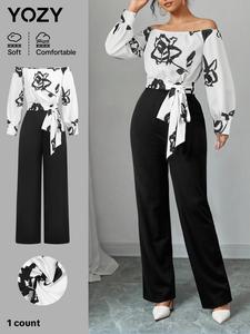 YOZY Women's Colorblock Floral Print Off Shoulder Jumpsuit, Elegant Bishop Sleeve Jumpsuit for Spring, Women's Clothing for Daily Wear