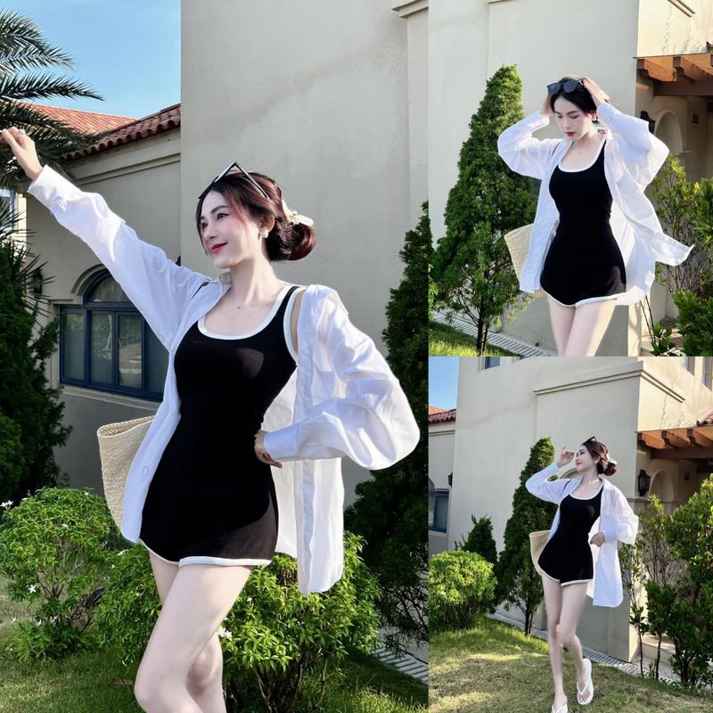 Set Jumpsuit nữ ba lỗ phối viền form ngắn mix áo khoác sơ mi trắng xinh xắn đi biển, du lịch xinh Women