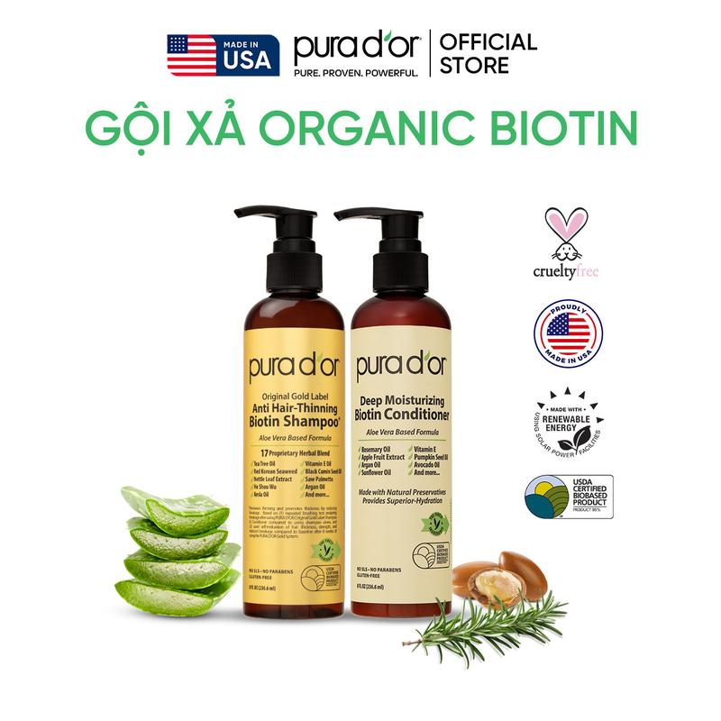  COMBO Dầu Gội và Dầu Xả Giảm Rụng Tóc Organic Pura D'or Biotin Gold Label 236MLx2 | Chăm Sóc Tóc Chăm Sóc Da Đầu Dưỡng Tóc Hỗ Trợ Mọc Tóc tặng Lược gỡ rối 