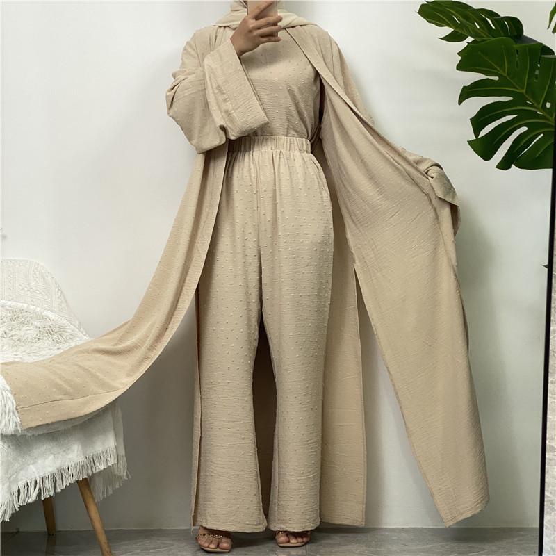 Product Introduction of Robe Three-Piece Set Long Cardigan Sleeveless Top and Pants with Pockets Muslim Islamic Clothing 1958 4