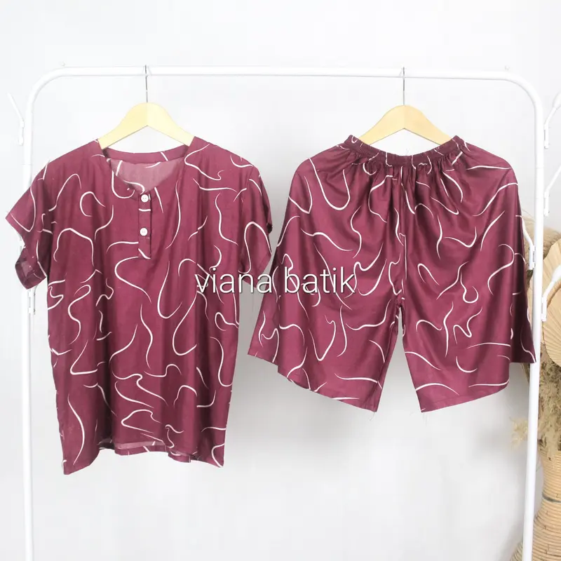 Setelan Baju Tidur Wanita  Kancing Piyama Celana Pendek Pendek Motif Cacing Bahan Rayon 4