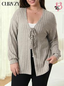 CURVZY Plus Size Solid Tie Front Sweater Cardigan, Casual Long Sleeve Knitwear for Spring & Fall, Women's Plus Clothing for Daily Wear