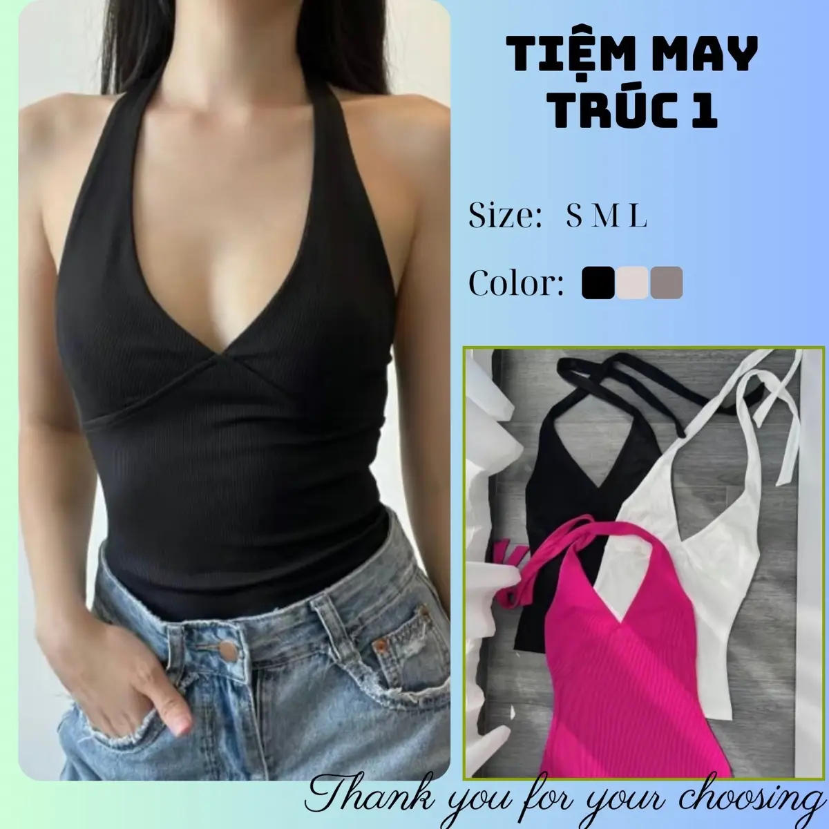 Áo cổ yếm 2 lớp buộc dây hở lưng ôm body cho Nữ Top Women