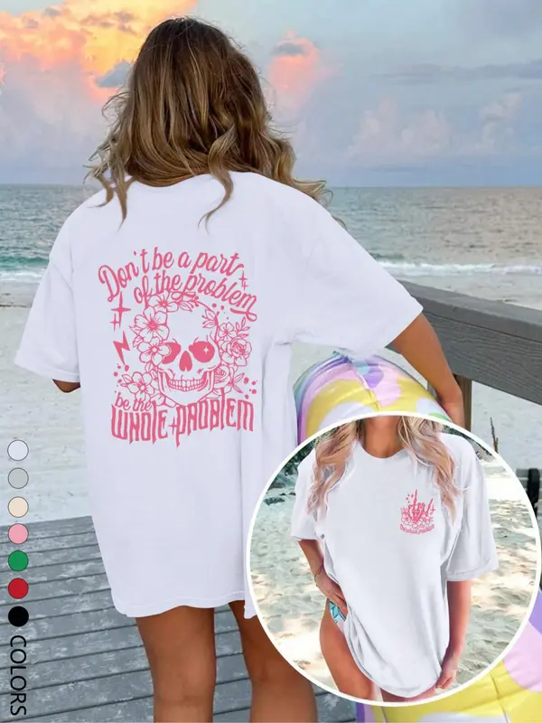 Women's Floral & Skull Print Round Neck Oversize Tee, Fashion Casual Letter Graphic Crewneck T-shirt for Daily Holiday Vacation Outdoor Wear, Ladies Clothes for Summer, Tshirt,top 4