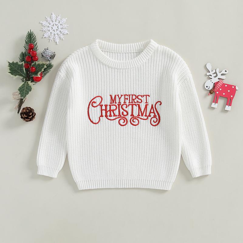Baby Girls Christmas Knit Sweater Beige Long Sleeve Letter Print Pullover Knitwear 1