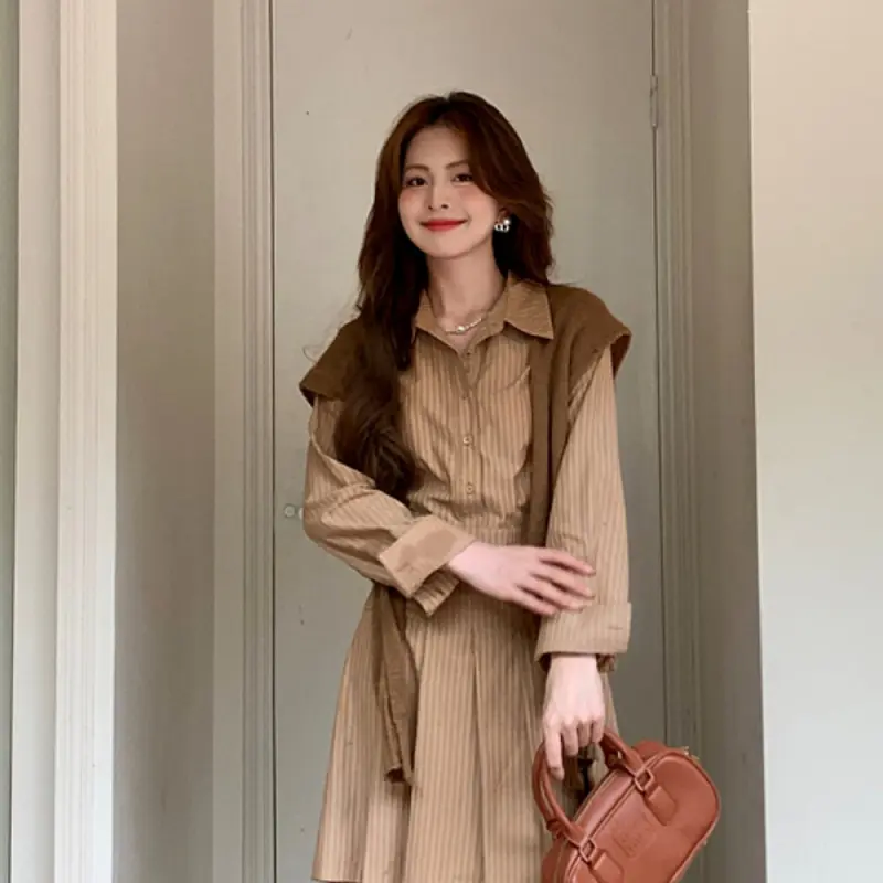 FADFAD Korean style women's casual fashion slim waist long-sleeved long striped dress 4