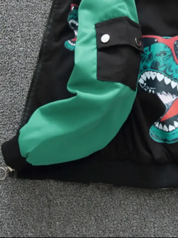 Boys Colorblock Dinosaur Print Pocket Zip Up Bomber Jacket, Casual Raglan Sleeve Mock Neck Outerwear for Fall & Winter, Kids Clothes for Daily Wear 5