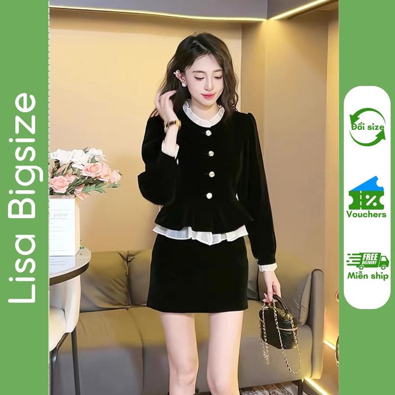 [Bigsize] Set áo nhung cổ bèo dáng peplum tay dài và chân váy nhung dáng A ngắn có chun lưng và quần bảo hộ tiểu thư thanh lịch nhẹ nhàng Lisa.Bigsize Nữ Women Đen Jacket Top