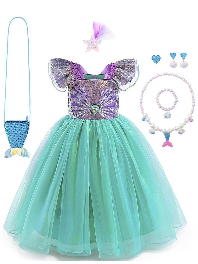 Product Introduction of Girl's Contrast Sequin Faux Pearls Decor Butterfly Sleeve Zipper Back Costume Dress with Necklace & Bracelet & Earrings & Ring & Bag & Hairpin, Fancy Mermaid Costume Dress with Accessories Costume for Party Show, Kids Birthday Party Clothes 12
