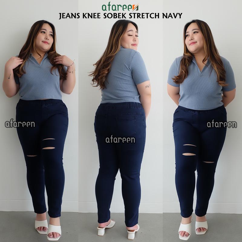 Afareen - Jeans Pinggang Karet Jumbo Ripped Celana Jeans Sobek Wanita Knee Legging Jeans Jumbo Size 31-43 5