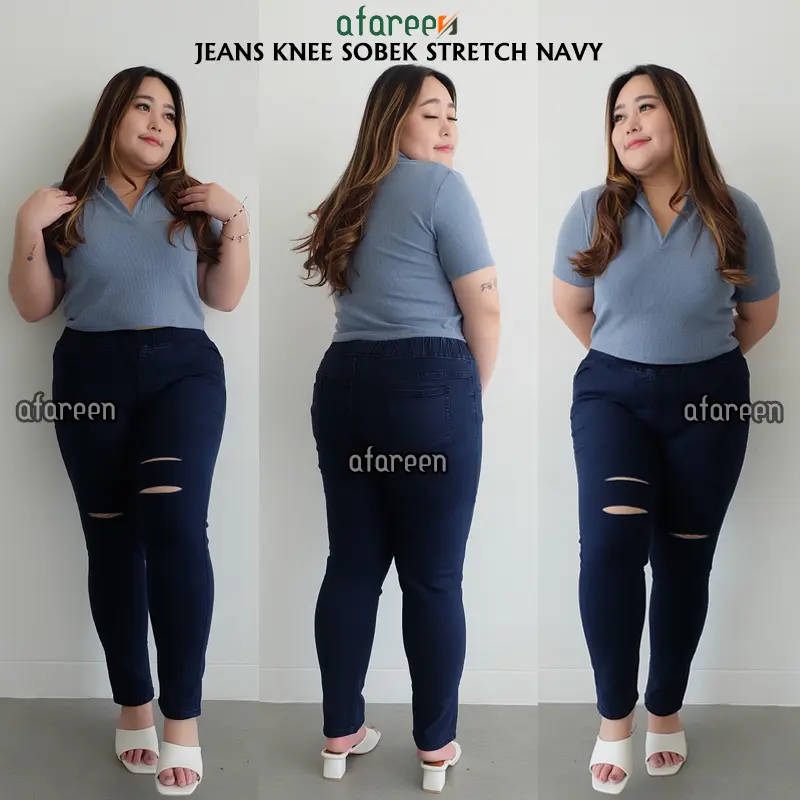 Afareen - Jeans Pinggang Karet Jumbo Ripped Celana Jeans Sobek Wanita Knee Legging Jeans Jumbo Size 31-43 4