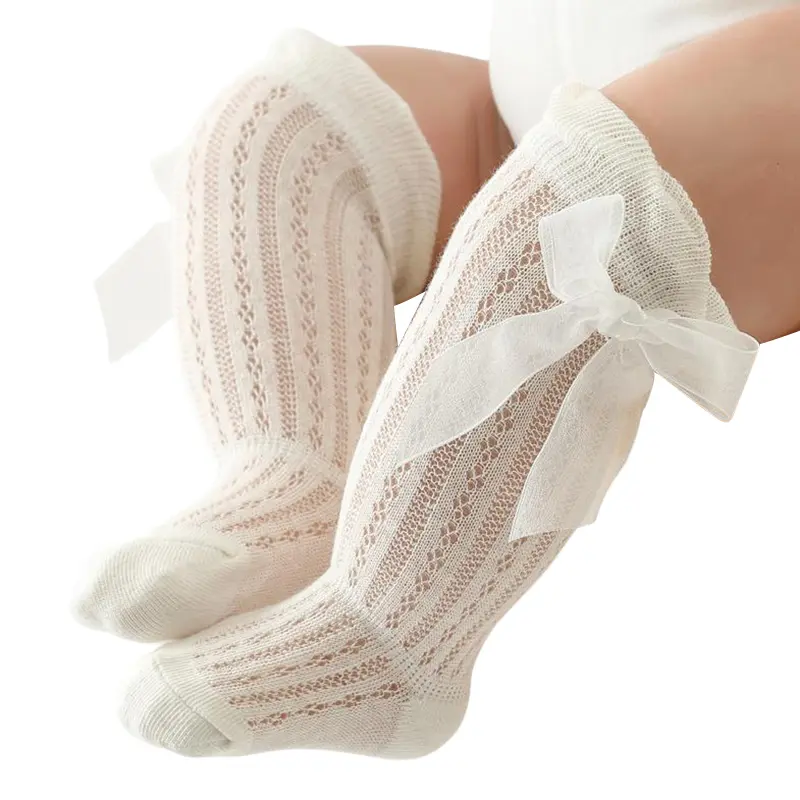 Infant Baby Girls Long Stockings Princess Solid Color Cute Bowknot Breathable Loose Mouth Socks Over-The-Knee Socks
