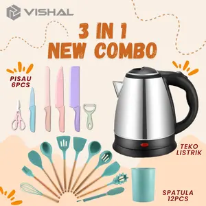 VISHAL COMBO 3in1 (COD) Teko Listrik 2L+Spatula Silicone Set 12in1+Pisau Makaron Ser 6in1