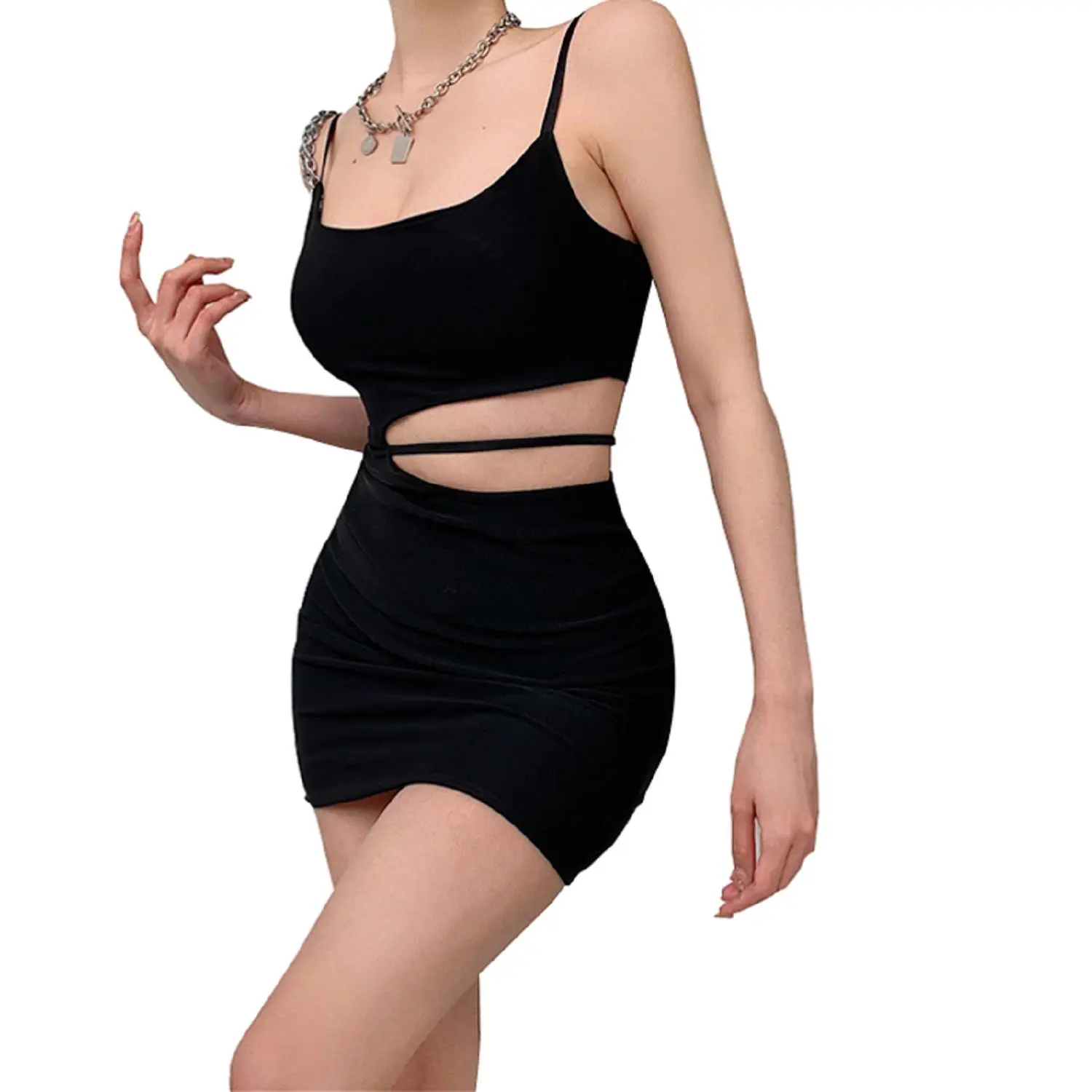 Women's Sexy Bodycon Mini Dress, Sleeveless Spaghetti Strap Solid Color Cutout Dress