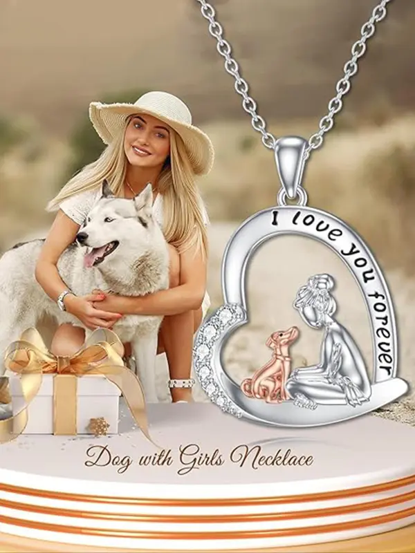 925 Sterling Silver Cute Dog & Girl Design Heart Shaped Pendant Necklace, Fashion Rhinestone Decor Jewelry for Party, Daily Decor, Trendy All-match & Exquisite Jewelry for Birthday Gift 5