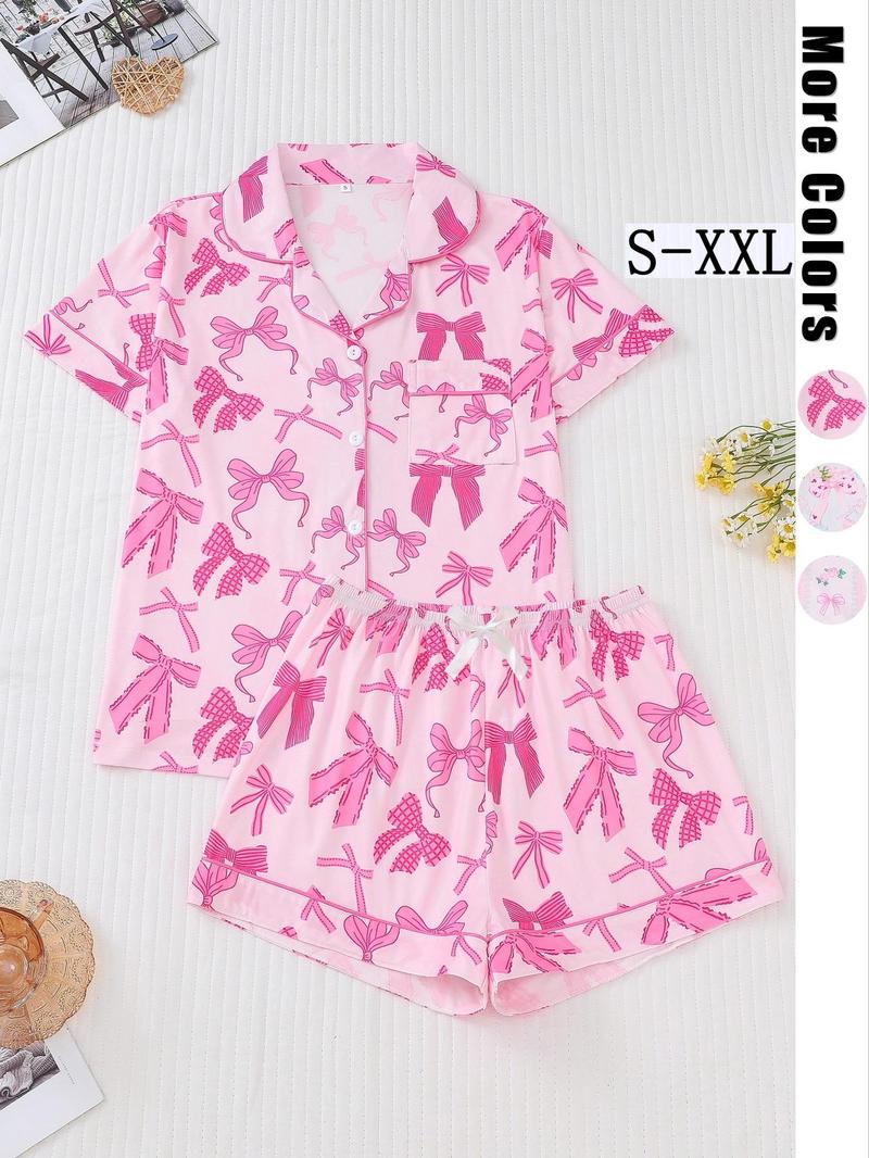 Product Introduction of Two-piece Set Women's All Over Bow Print Pocket Button Front Shirt & Bow Decor Shorts Pyjama, Casual Comfy Short Sleeve Lapel Top & Elastic Waist Shorts Pj Set, Ladies Summer Sleepwear, Summer Friday Set, Sleep Sets, Pajamas 1