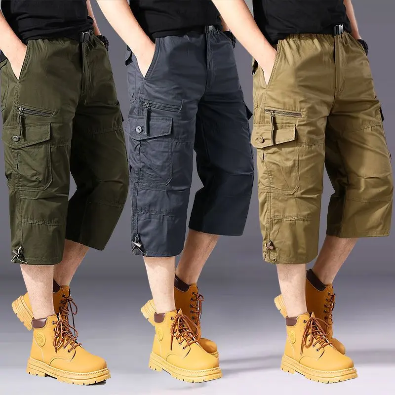 115KG Men Oversized Summer Casual Loose Cotton Multi Pockets Cargo Cropped Pants