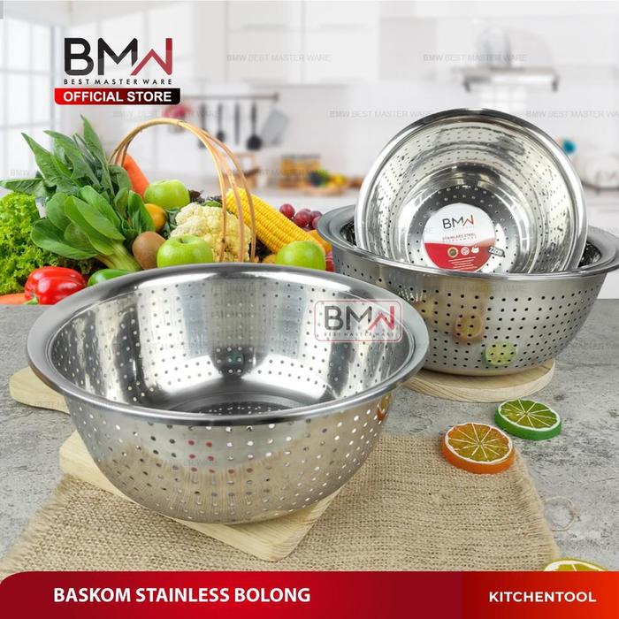 Gambar BMW Kitchen Ware - 22CM Baskom Stainless Saringan Dapur Multi Bolong  Tebal Cuci Sayur Wadah tempat buah - 22CM dari BMW Kitchenware Kab. Tangerang Tokopedia