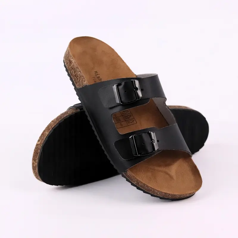 Dép đế trấu birken nam nữ unisex 2 khóa da PU tổng hợp lót da lộn size 35-43 chính hãng Hishoo S093 2