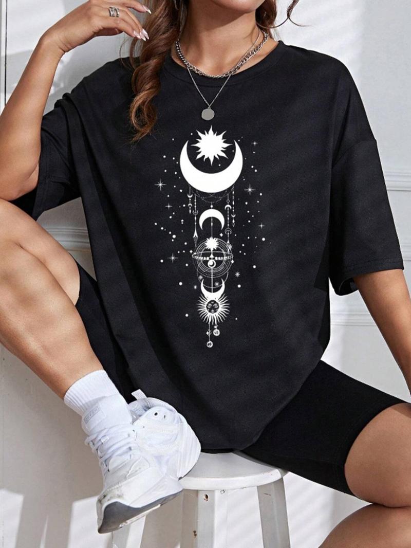 Product Introduction of Women's Galaxy Print Drop Shoulder Tee, Summer Clothes Women, Casual Half Sleeve Round Neck T-Shirt for Summer, Women's Top for Daily Wear 1