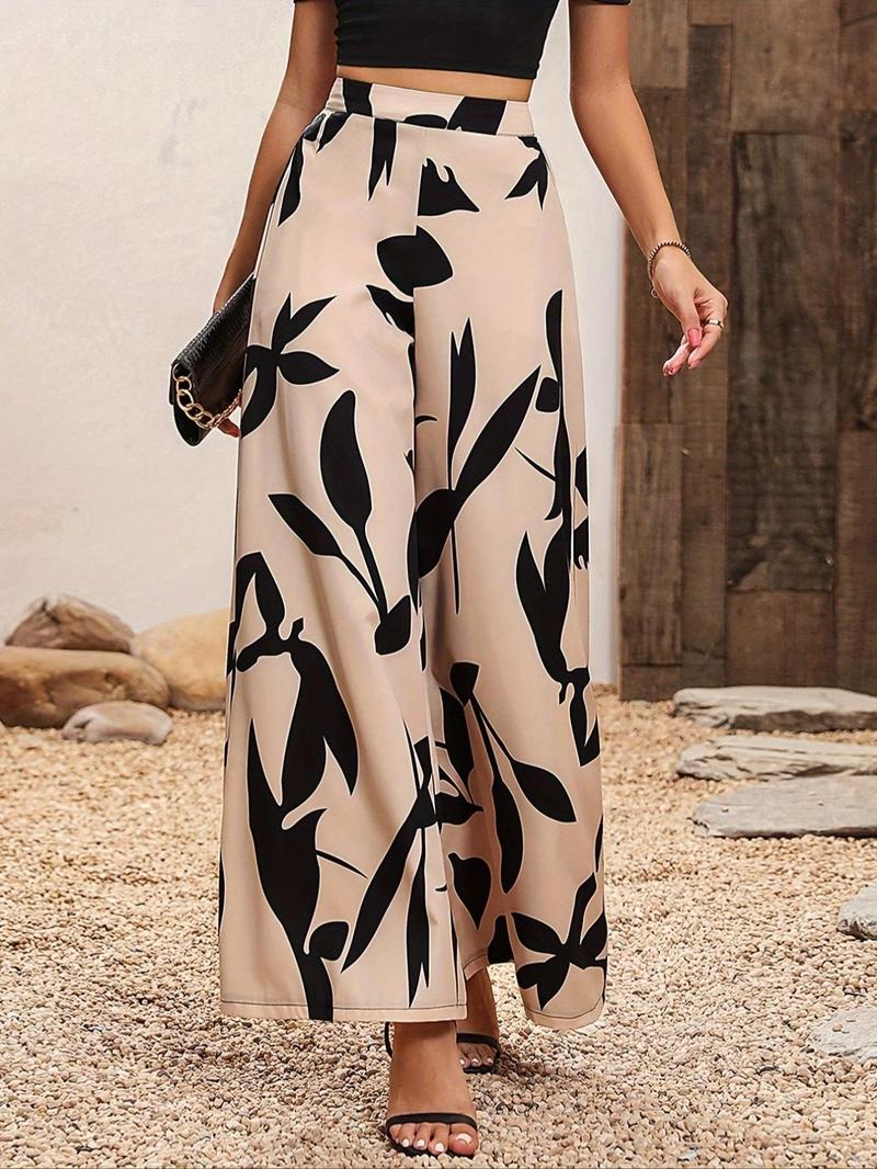 Product Introduction of Women's Leaf Print Elastic Waist Wide Leg Pants, Elegant High Waist Trousers for Summer, Women's Bottoms for Daily Wear 1