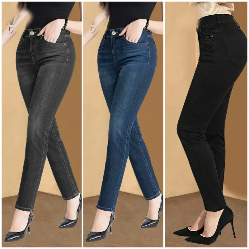 Quần Jean Nữ Trơn Lưng Cao Cotton Co Giãn 4 Chiều Dáng Skinny Hàng Thiết Kế Women Pants 0
