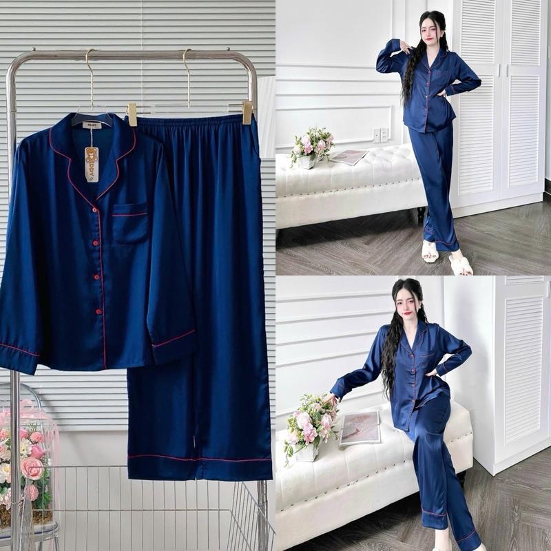 ĐỒ BỘ PIJAMA, Tay Dài Trơn, ĐỒ MẶC NHÀ, ĐỒ NGỦ NỮ. Đồ Bộ Trơn, Viền Màu, Có Túi Áo. QUẦN DÀI CÓ TÚI. VẢI LỤA LATIN CAO CẤP, MÀU TRƠN. Women Voi Kem do bolatin Nho 7