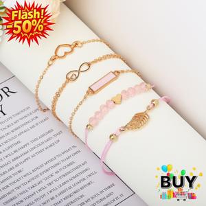 ชุดสร้อยข้อมือ 5 ชิ้น สำหรับผู้หญิง สร้อยข้อมือลูกปัดเชือก โซ่หัวใจ สร้อยข้อมือใบไม้ มีให้เลือก 5 สไตล์ เครื่องประดับ สีดำ สีชมพู สีแดง และสีทอง เหมาะเป็นของขวัญ น่ารัก ผู้หญิง